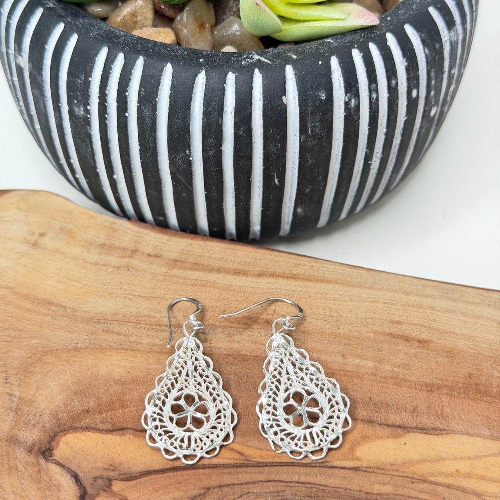 Filigree Earrings Women 925 Sterling Silver Teardrop Openwork Boho OS